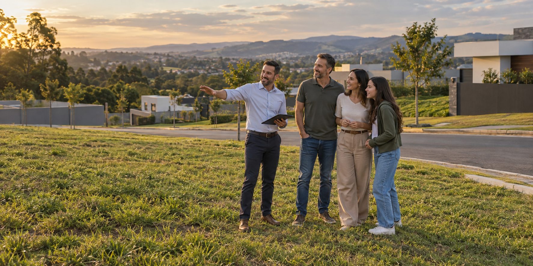 Corretor apresentando um terreno a uma família ao entardecer, na Região Metropolitana de Curitiba